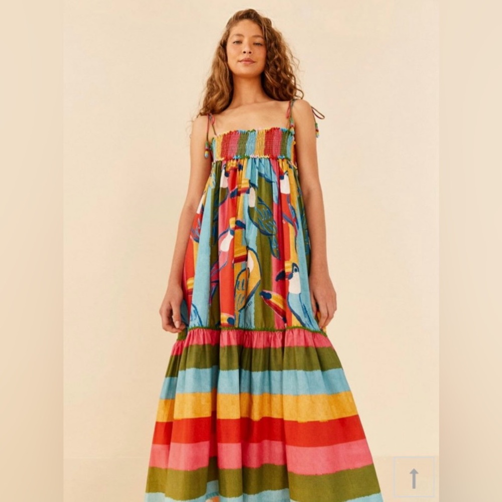 NEW FARM Rio Wonderful Toucans Midi Dress Tropical Bird Stripe Blue Red Size XS